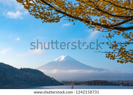 View of beautiful Fuji san and Kawaguchiko lake, the popular travel destination, with beautiful autumn leaves