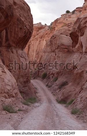 Legendary steep downhill access road to the white rim road in Canyonlands National Park, Utah