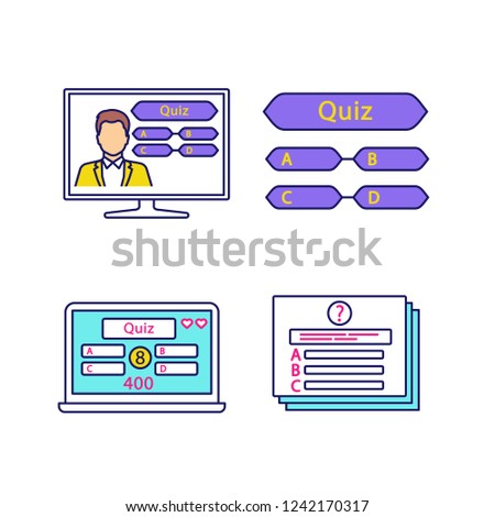 Quiz show color icons set. Intellectual game question, online and TV quiz. Isolated vector illustrations