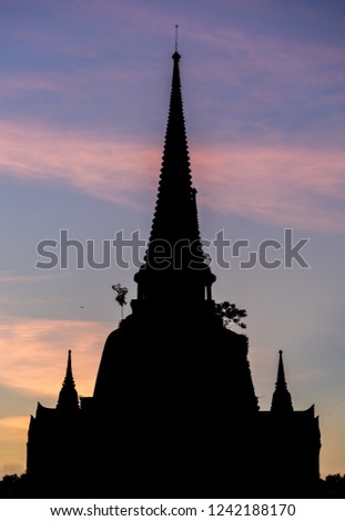 An ancient temple ruins silhouette at Ayutthaya, Thailand.