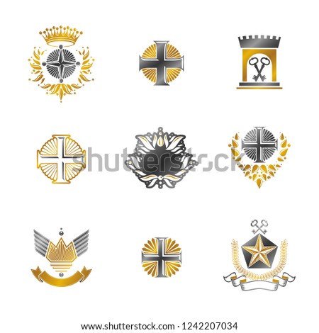 Ancient Crosses Crown Stars and flowers emblems set. Heraldic Coat of Arms, vintage vector logos collection.