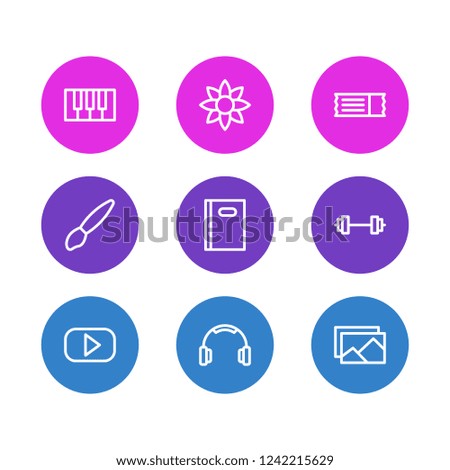 Vector illustration of 9 entertainment icons line style. Editable set of barbell, headphone, piano and other icon elements.