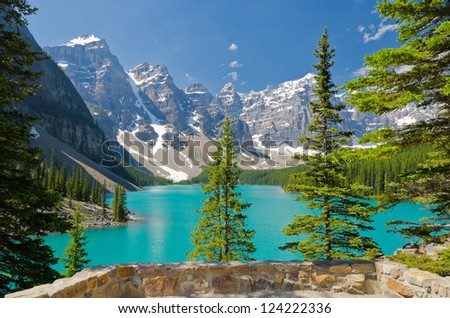 Fragment of Moraine Lake trail in Lake Louise, Alberta, Canada. Royalty-Free Stock Photo #124222336