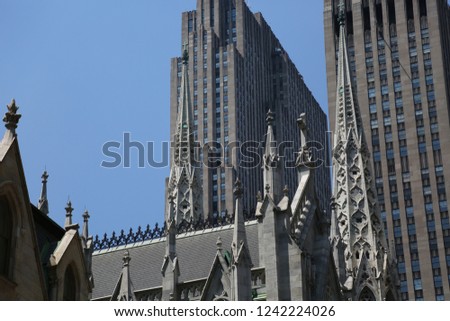 New York City urban life architecture pattern building windows modern postmodern design tree nature sky gothic traditional church tower high rise  