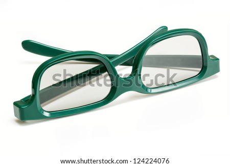 Pair of green 3d polarized glasses for watching 3-d movies in cinema isolated against white