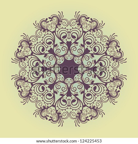 Round purple lace pattern on a yellow background. vector illustration