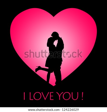 Valentine card design with silhouette of kissing couple on pink love background