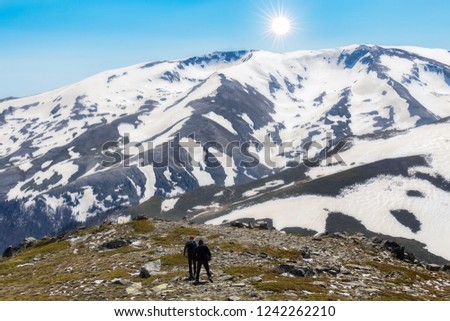 The summit of Uludag. Photographers, climbers climbing to the top, taking pictures. Winter landscapes. Uludag National Park, Bursa, Turkey.