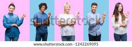 Collage of group of young casual people over colorful isolated background with a big smile on face, pointing with hand and finger to the side looking at the camera.