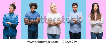 Collage of group of young casual people over colorful isolated background skeptic and nervous, disapproving expression on face with crossed arms. Negative person.