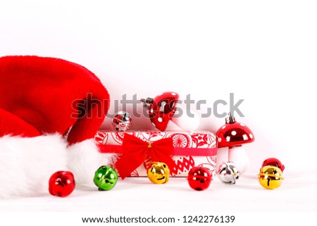 Minimalistic festive composition with wrapped presents, colorful matte christmas balls. Fancy beautiful decoration for christmas pine tree. Background, copy space, close up, front view.