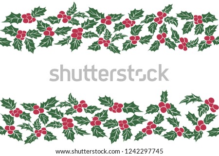 Symbol of Christmas. Seamless pattern of green leaves and red berries. European Holly traditional Christmas decoration.Vector Illustration Isolated on white Background