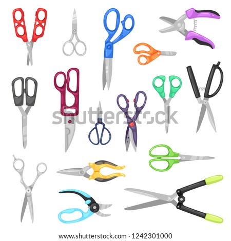 Scissor vector professional pair of scissors cutting hair or scissoring with cutter and pruning shears prune or secateurs cut in garden illustration set of nail-scissors isolated on white background