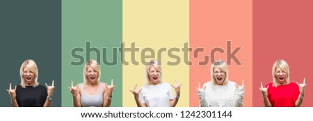 Collage of beautiful blonde woman over vintage isolated background shouting with crazy expression doing rock symbol with hands up. Music star. Heavy concept.