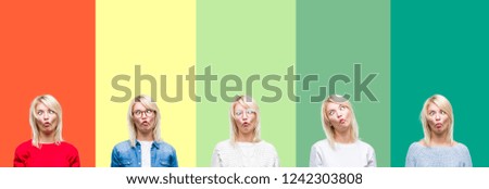 Collage of beautiful blonde woman over vivid vintage isolated background making fish face with lips, crazy and comical gesture. Funny expression.