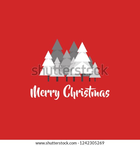 Snowy forest with hand written style merry christmas text and red background.