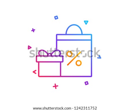 Gift box with Shopping bag line icon. Present or Sale sign. Birthday Shopping with Discounts symbol. Package in Gift Wrap. Gradient line button. Shopping icon design. Colorful geometric shapes. Vector