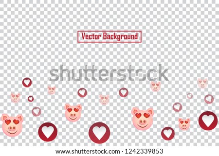 Social nets pig smile and red heart floating web buttons isolated on transparent background. Pig smile and heart icons for live stream video chat likes falling background vector design template. ESP10