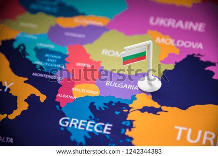 Bulgaria marked with a flag on the map