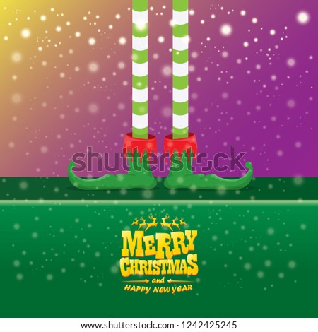 vector creative merry christmas greeting card with cartoon elf's legs, elf shoes and christmas stripped stocking on falling snow in sky. Vector merry christmas kids cartoon background