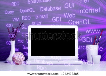 Front view office table desk. Workspace with blank computer screen, keyboard, mouse, booklet, pen, headphones, picture frame isolated, plant mockup and white background