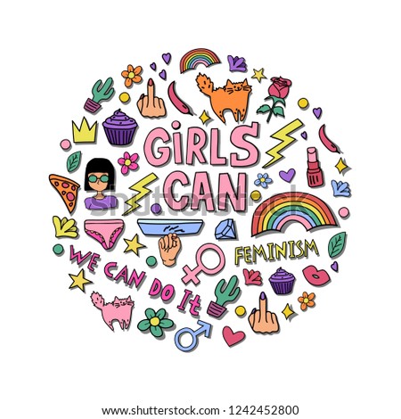 Girly doodles and hand drawn phrases for feminism concept design, girl's t-shirt print. Hand drawn fancy comic feminism slogan in cartoon style. Color vector illustration on white background
