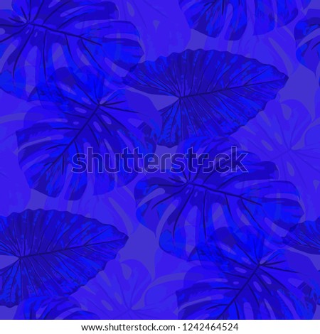 Tropical Leaves. Seamless Texture with Bright Hand Drawn Leaves of Exotic Tree. Trendy Rapport for Print, Cloth, Fabric. Vector Seamless Background with Tropic Plants. Watercolor Effect.