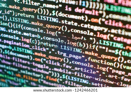 Server logs analysis. Cyber space concept. Hacker background. Php coding Close-Up. Javascript abstract computer script, random parts of program code. Abstract IT technology background.  