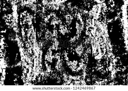 Grunge overlay layer. Abstract black and white vector background. Monochrome vintage surface with dirty pattern in cracks, spots, dots. Old wall in dark horror style design