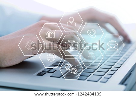 Woman Working with Laptop on  background, close-up