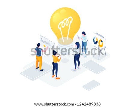 Flat isometric vector business illustration. small people characters develop creative business idea. Isometric big light bulb as metaphor idea. Graphics design for posters, flyers and banners, Landing Royalty-Free Stock Photo #1242489838