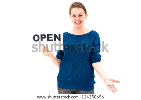 happy portrait young woman with board OPEN
