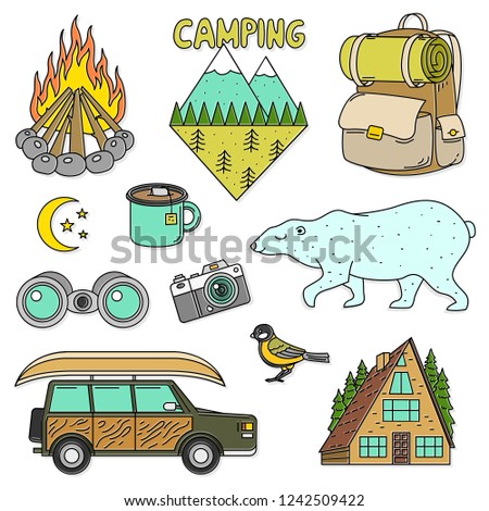 Set of cute camping elements. Equipment in forest. Stickers, doodle pins, patches. Mountain Campfire Bear Car Backpack. travel symbols.