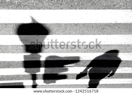 Blurry shadow of one pedestrian crossing the city street