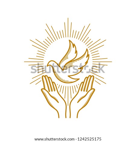 Church logo. Christian symbols. Praying hands and dove - a symbol of the Holy Spirit. Royalty-Free Stock Photo #1242525175