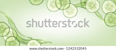 Beautiful, horizontal, green, realistic cucumber background with splashes of liquid for advertising banners and cosmetics advertisements. Royalty-Free Stock Photo #1242532045