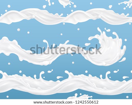 Milk splash wave seamless vector pattern. 3d realistic vector set. Package design Royalty-Free Stock Photo #1242550612