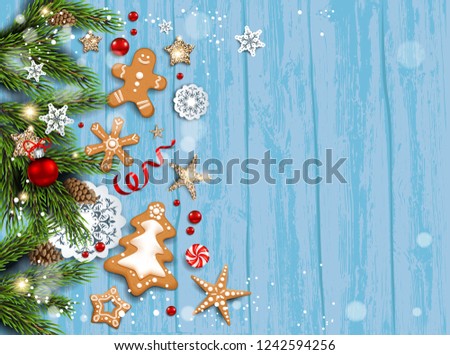 Holiday card with fir tree and festive decorations balls, stars, snowflakes and gingerbreads on wood background. Christmas festive template for banner, ticket, leaflet, card, invitation, poster and so
