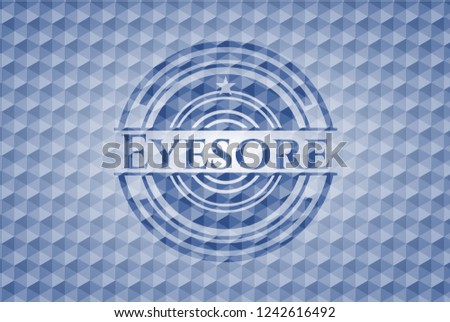 Eyesore blue emblem with geometric pattern background.