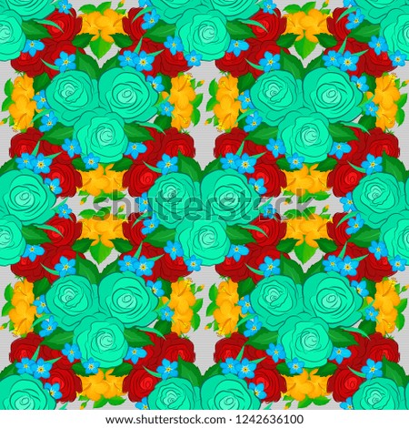 Vector seamless pattern. Greeting card with red, green and blue roses and green leaves, watercolor, can be used as invitation card for wedding, birthday and other holiday or summer background.