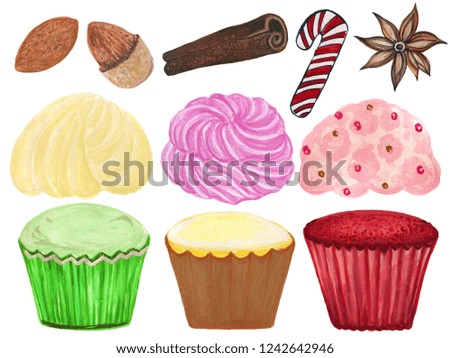 Watercolor cupcakes set with different of cupcakes Cute watercolor hand painted illustration with set of desert isolated on white