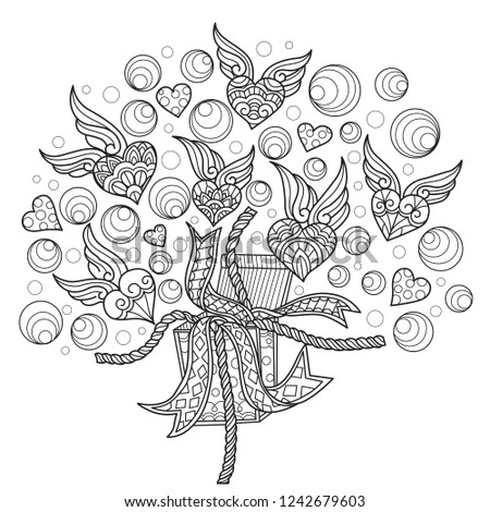 Hand drawn sketch illustration of wings heart for adult coloring book, T-shirt emblem, logo or tattoo, zentangle design elements. Zentangle stylized cartoon isolated on white background. 