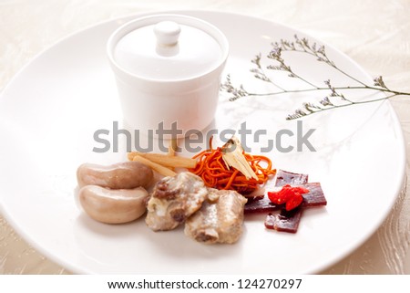 Chinese Herb soup. Ginseng, saffron, chicken kidneys, pork ribs, beef, American ginseng