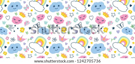 pattern with decorative elements rainbow, donut,  clouds, cupcake, butterfly,stars,crown,diamond, hearts, bow,flowers
