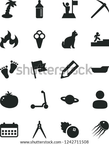 Solid Black Vector Icon Set - measuring bottle for feeding vector, bath, footprints, child Kick scooter, flag, planet, tomato, cone, blueberries, man, pencil, calendar, flame, drawing compass, with