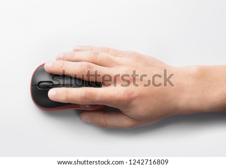 Man using computer mouse on white background, top view