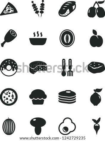 Solid Black Vector Icon Set - iron fork spoons vector, cheese, fried vegetables on sticks, pizza, piece of, mushroom, cake, glazed with a hole, hot porridge, chicken thigh, meat, sushi, egg, apple