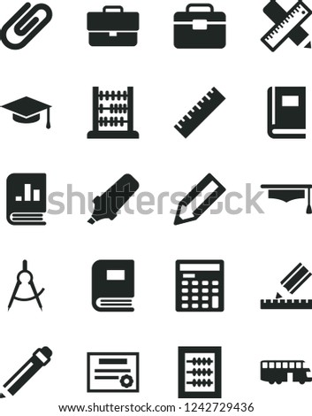 Solid Black Vector Icon Set - briefcase vector, graphite pencil, yardstick, new abacus, portfolio, writing accessories, drawing, clip, scribed compasses, text highlighter, book on statistics, bus