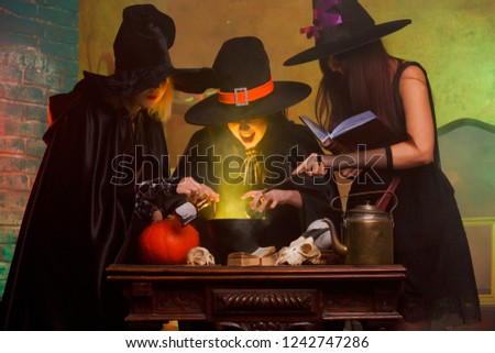 Picture of three witches boiling potions in cauldron