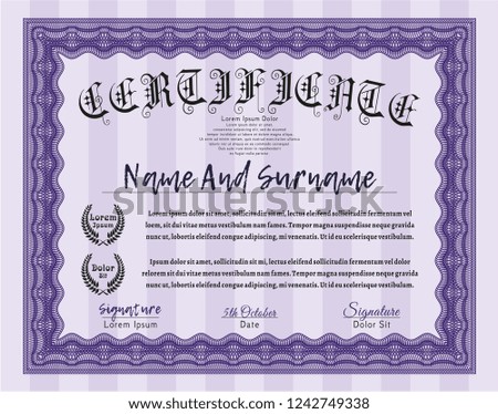 Violet Classic Certificate template. Money style design. Vector illustration. With linear background. 